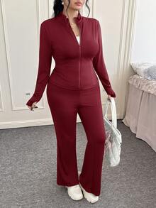 SHEIN EZwear Setelan 2 Potong Jaket Yoga Ringan Kasual Ukuran Besar dan Celana Flare, Pakaian Musim Gugur untuk Wanita - Burgundy - View 4