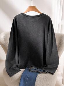 CosyJoli Áo thun nữ cỡ lớn, áo thun ren, áo nữ phong cách đường phố thường ngày, trang phục nữ thường ngày, áo thun đen họa tiết bông tuyết, áo thun dệt kim tổ ong - màu đen - Xem 2