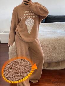 DAZY 2 piezas Conjunto de pijama holgado de punto de felpa con estampado de helado para mujer, otoño/invierno - Marrón - Ver 3