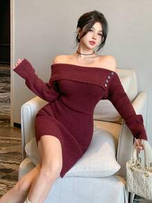 DAZY Đầm len ngắn trễ vai thiết kế bất đối xứng thanh lịch, thích hợp cho mùa thu, đông, Tết Nguyên Đán và Giáng sinh. - Màu Đỏ Sâu - Xem 2