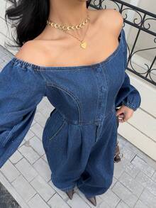 Siren Gaze 休闲街头风露肩长袖女式牛仔连体裤 - 深色水洗藍 - 查看 5