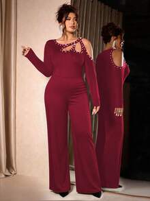 Cravure Women's Plus-Size Slim-Fit Long-Sleeve Off-The-Shoulder Jumpsuit - Adorned With Round Decorative Buttons & Bubble Beads On Shoulders, Elegantly Relaxed For Autumn & Winter Parties & Galas Sexy Jumpsuits For Woman Red Long Sleeve Jumpsuits Curve Jumpsuits For Woman Plus Size Jumpsuits Elegant Long Sleeve Jumpsuits For Woman
