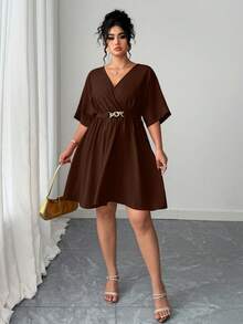 Elenzga 优雅V领收腰短款红色晚礼服，休闲简约风格，适合夏季 - 咖啡棕 - 查看 6