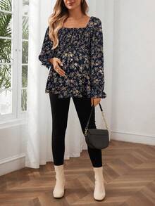 SHEIN Áo cánh tay đèn lồng họa tiết hoa nhỏ xinh dành cho bà bầu, mùa xuân - Màu xanh hải quân - Xem 4