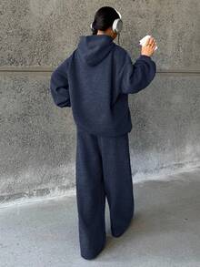 2件套少女海军蓝宽松连帽卫衣+裤子，休闲百搭时尚套装 - 藏蓝色 - 查看 3