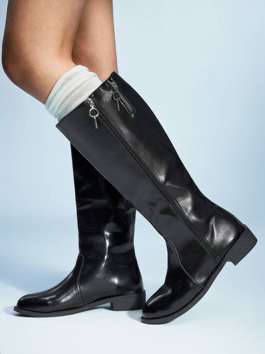 Sugerpunk 女士时尚休闲圆头拉链过膝长靴，秋季 - 黑色 - 查看 1