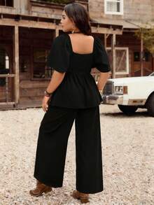 LanaWest CURVE Plus Size Women's Western Country Style Solid Color Embroidered Ruffled Waist Short Sleeve Music Festival Spring/Summer Two-Piece Set - Black - View 2