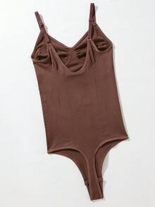 Women's Coffee Brown High Stretch Plain Backless Long Thong Bodysuit Casual Comfy Shapewear - Coffee Brown - View 5