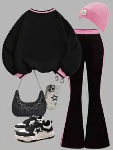 SHEIN Leap Crew Ensemble Sweat-shirt-shirt graphique rayé blocs de couleurs "New York 23" Y2K et pantalon évasé, tenue décontractée inspirée des sports vintage pour les préadolescentes, convient pour l'automne/l'hiver, les sorties, le style de rue, la maison, l'école en automne - Multicolore - Voir 2