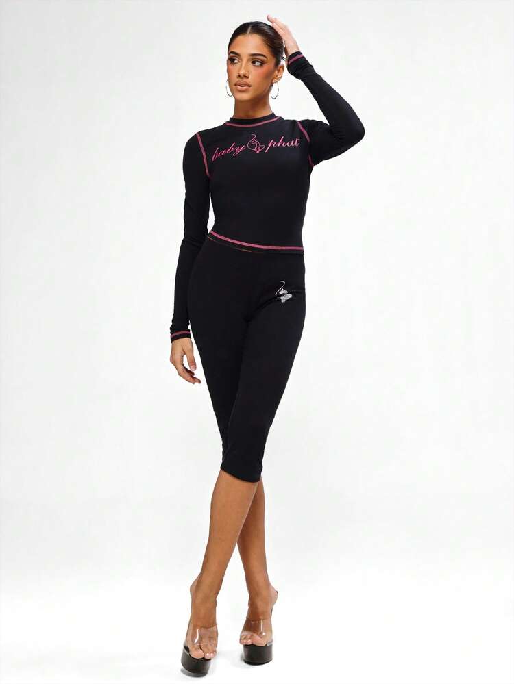 BABYPHAT Long Sleeve Jersey Top With Contrast Pink Stitching And Logo Print Fitted Crew Neck Crop Length