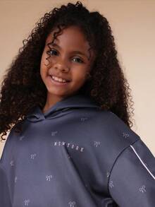 SUMWON Tween Bow Print All Over Pattern Hoodie With Centre Pocket Long Sleeve Pullover Fall Winter - Dark Grey - View 6