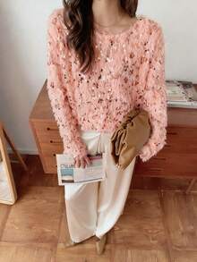 Elyressa 1 chiếc áo len chui đầu cổ tròn dáng rộng, thoải mái, đính sequin, thiết kế châu Âu, chất liệu mềm mại, ấm áp và thanh lịch cho mùa đông. - Hồng - Xem 4