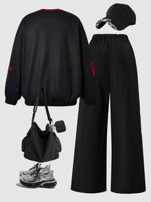 SHEIN ChillGRL 2pcs/Set Teen Girls V-Neck Letter Print Hoodie Sweatshirt And Cargo Pants Casual Outfit - Black - View 2