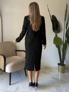 Vivie Lora 女士优雅套装两件套：双排扣外套和铅笔中长裙 - 黑色 - 查看 7