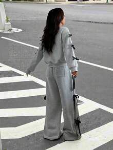 SHEIN EZwear 女士休闲宽松蝴蝶结装饰两件套 - 灰色 - 查看 2
