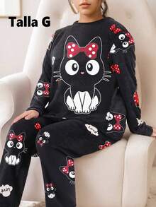 Pijama de mujer de franela con estampado de dibujos animados, Ropa de dormir para invierno, Sets de Pijamas de Mujer - Blanco y Negro - Ver 10