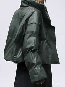 GENKIRA 年轻通勤风宽松PU皮革质感宽翻领加厚羽绒服，罗纹袖口，保暖防寒，仿皮飞行员夹克，填充物为聚酯纤维，合成保暖材料，冬季外套，带羊羔绒内衬。 - 墨綠色 - 查看 2