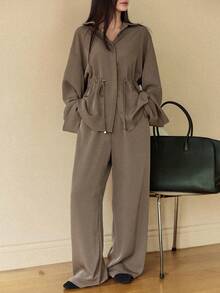 Dazy-Less Bộ 3 món đồ nữ áo khoác cardigan dài không tay dáng rộng thanh lịch, trang nhã, thoải mái khi đi làm và quần ống đứng, phù hợp cho mùa thu, xuân, năm mới, giáng sinh - Cà phê nâu - Xem 1