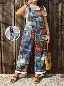 EMERY ROSE Quần yếm denim in họa tiết chắp vá cổ điển cỡ lớn - Màu xanh lam - Xem 1