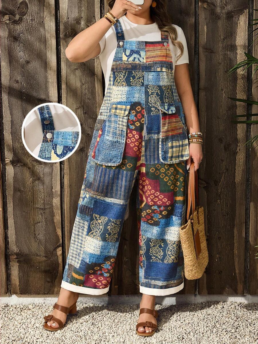 EMERY ROSE Quần yếm denim in họa tiết chắp vá cổ điển cỡ lớn - Màu xanh lam - Xem 1