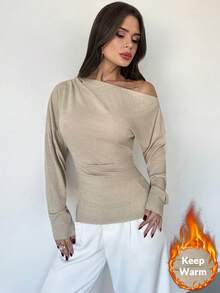 Firerie Women's Elegant Unique Asymmetrical Shoulder Ruched Long Sleeve T-Shirt,Khaki Thermal Lined Pullover,Autumn Brunch Elegant Casual Waist Pleated Top - Apricot - View 1