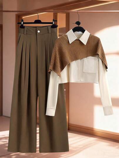 Franclia 时尚高端春秋女装套装：翻领纽扣长袖衬衫 + 休闲褶裥阔腿裤