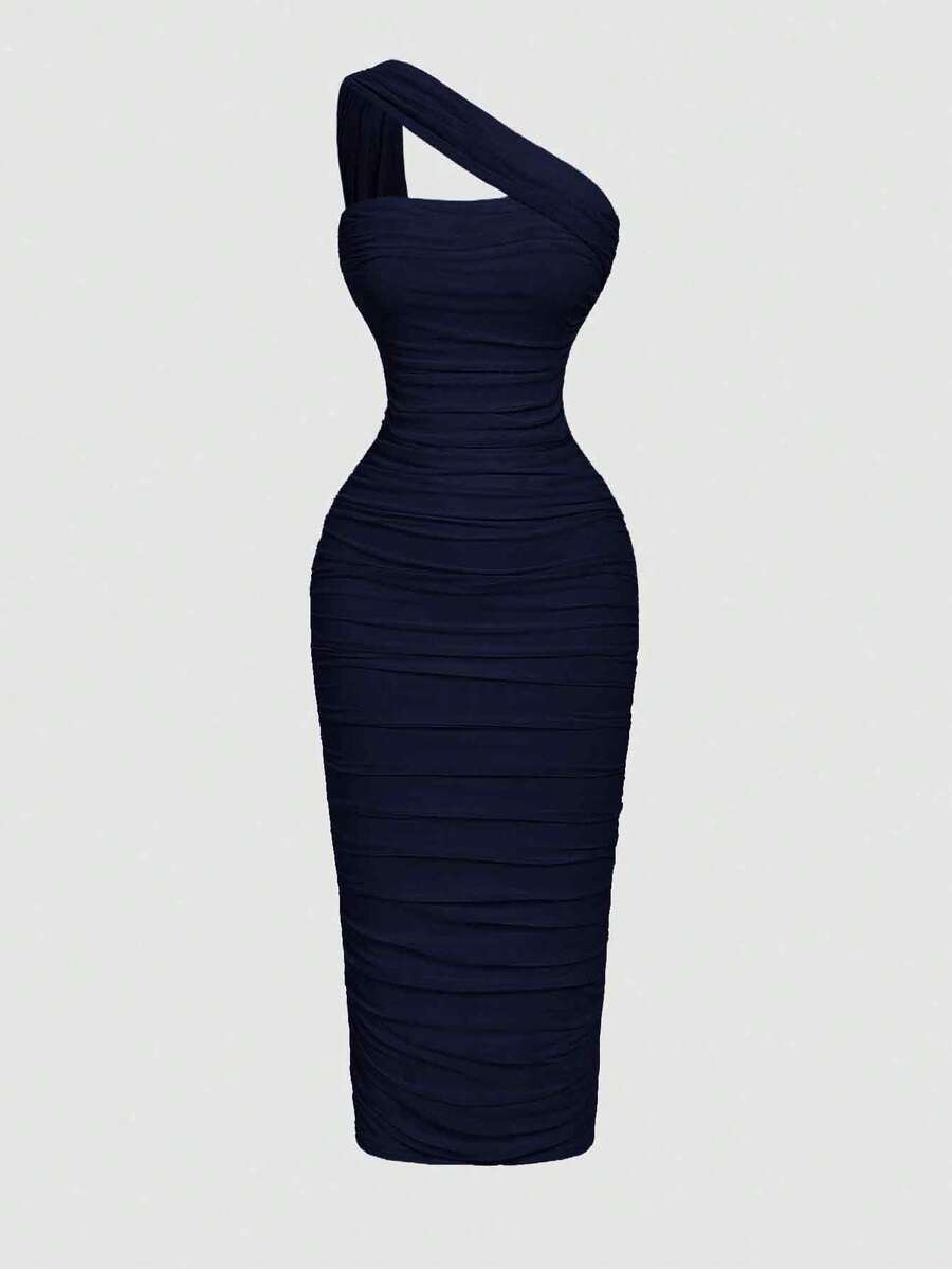 SHEIN MOD 女士复古不对称褶皱无袖连衣裙 - 藏蓝色 - 查看 1