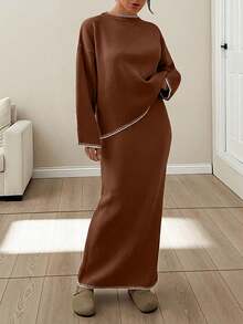 EURMUSE Women Stitch Detailed Round Neck Drop Shoulder Pullover & Sweater Skirt Set - Brown - View 3