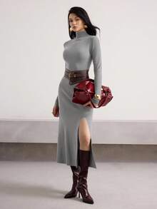 Heiryn Váy dệt kim xẻ cổ đứng màu trơn dành cho nữ, Thu/Đông - Màu Xám nhạt - Xem 3