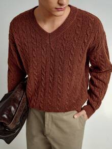 RONVEXI Men's Casual V-Neck Drop Shoulder Cable Knit Sweater, Autumn/Winter - Bronze - View 6