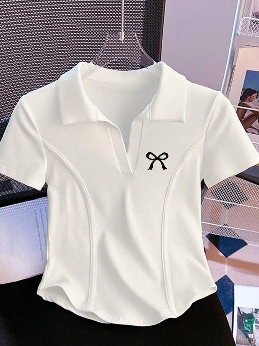 Resyla 蝴蝶结印花V领短袖女式T恤 - 白色 - 查看 1