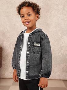 SUMWON Camisa con capucha de mezclilla para niños, abotonada, de manga larga, chaqueta casual con capucha, lavado vintage para otoño e invierno, para vacaciones - Negro - Ver 1