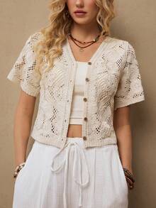 Freevana Áo len cardigan ren móc đơn giản dành cho nữ đi nghỉ mát - Màu be - Xem 6