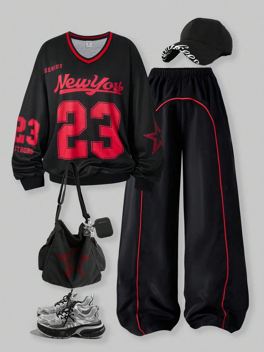 SHEIN ChillGRL 2pcs/Set Teen Girls V-Neck Letter Print Hoodie Sweatshirt And Cargo Pants Casual Outfit - Black - View 1