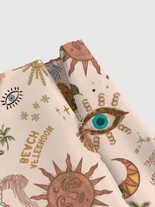 ROMWE Fairycore 复古度假风椰树、眼睛、太阳和月亮印花高开衩女装裙 - 棕色 - 查看 3