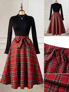 SHEIN Franclia 时尚新年圣诞节格子红色女裙 - 紅色 - 查看 3