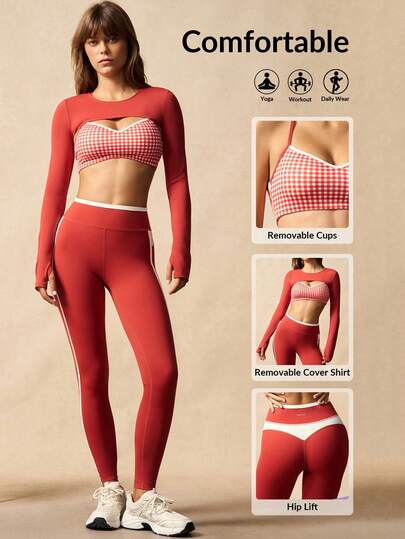 VARSIVA Women's Solid Color Long Sleeve Cropped Top, Plaid Halter Bra, And Leggings Sports Suit