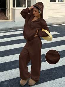 SHEIN EZwear Bộ áo nỉ rộng rãi màu nâu cỡ lớn, mùa thu - màu nâu - Xem 5