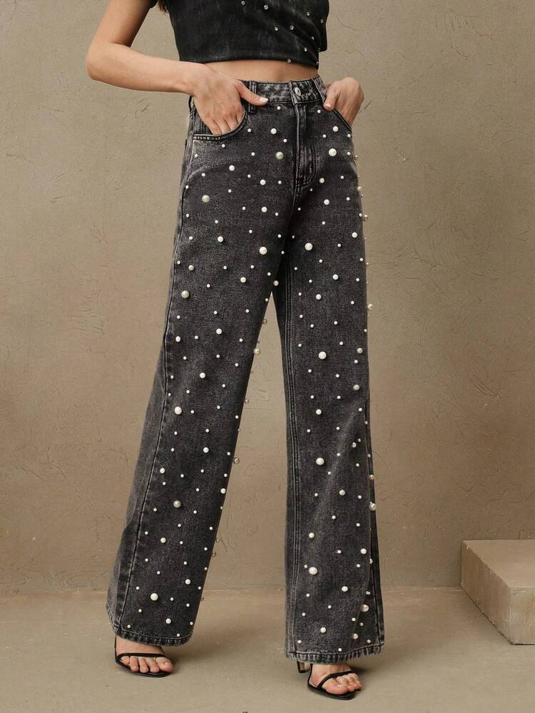Women's High Waist Fashionable Pearl Embellished Loose Straight Leg Jeans, Suitable For Spring And Valentine's Day