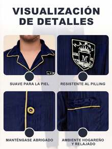 COTOLO Conjunto de Pijama Hombre Gris de Seda Suave, Manga Larga con Bordes Dorados, Diseño Elegante con Escudo, Cálido y Confortable, Regalo de Navidad - Azul - Ver 6