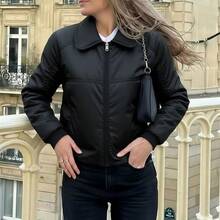 Chaqueta de mujer casual acolchada holgada con cuello camisero manga larga otoño invierno para oficina - Negro - Ver 1