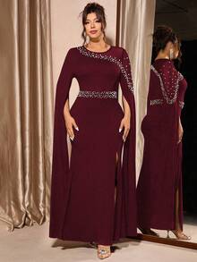 Cravure Vestido elegante de manga larga con cuello redondo, con aplicaciones de malla y perlas brillantes, adecuado para fiestas y eventos de noche, otoño/invierno, tallas grandes - Burdeos - Ver 4