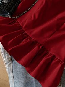 SHEIN Frenchy Áo hai dây cổ tròn đính nơ trang trí viền bèo nhún dễ thương cho nữ - Màu Đỏ Sâu - Xem 3