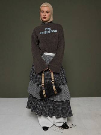 COUREZ Suéter oversize de cuello alto con eslogan frontal, suéter para mujer, ropa de invierno Y2K para mujer, cálido y esponjoso, tejido casual para salir, tops para fiestas y Año Nuevo