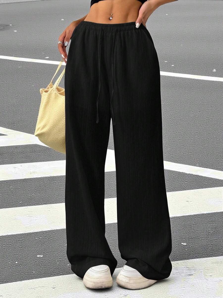 Muchica 女式抽绳直筒休闲皱褶宽松长裤 - 黑色 - 查看 1
