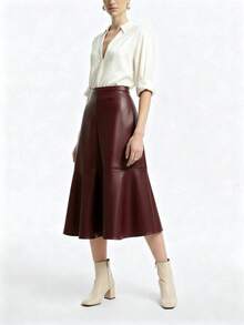 Aalyst Women's Burgundy Solid Color Leather Patchwork A-Line Ruffle Hem Midi Skirt,Elegant French Retro Street Style,Versatile For Autumn,Dining&Party - Maroon - View 6