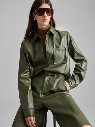 Ontre Women's Solid Color Long Sleeve PU Leather Single-Breasted Casual Shirt, Long Sleeve Jacket, Shirt, Urban Commute Business Casual Women's Clothing, Women's Office Wear, Basic Top, Outerwear, Elegant Blouse