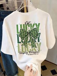 Resyla Camiseta de San Patricio con suerte, camiseta de mujer de cuello redondo con estampado de lazo de trébol, adecuada para uso diario y festivo - Blanco - Ver 3