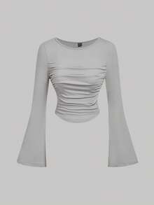 SHEIN MOD 3pcs Women Casual Solid Color Bell Sleeve Ruched T-Shirts - Grey - View 7