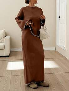 EURMUSE Women Stitch Detailed Round Neck Drop Shoulder Pullover & Sweater Skirt Set - Brown - View 6